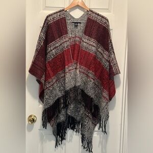 Cejon Black Grey Red Plaid Fringed Poncho Open Front Blanket Wrap Shawl One Size